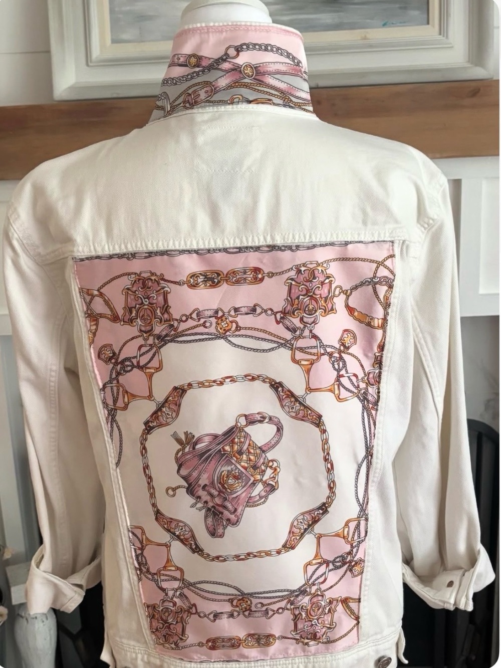 Custom Denim- White denim with pink satin patch back Size: ladies large